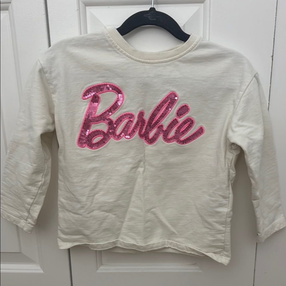 Kids Barbie Cream Long Sleeve Tee with Pink Logo